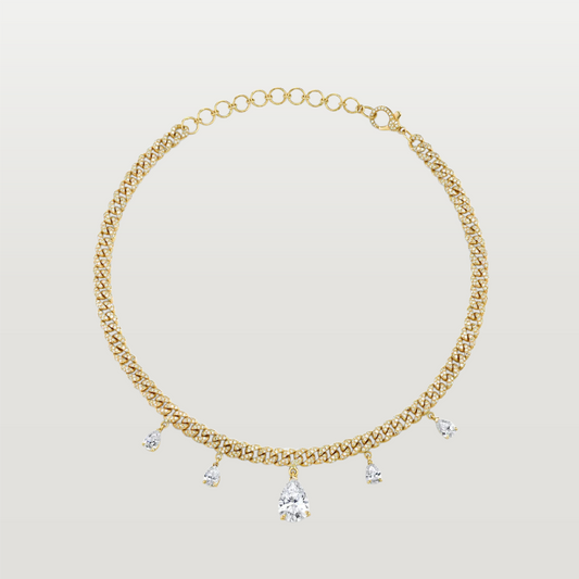 Diamond Pearl Drop Mini Link Choker, Gold