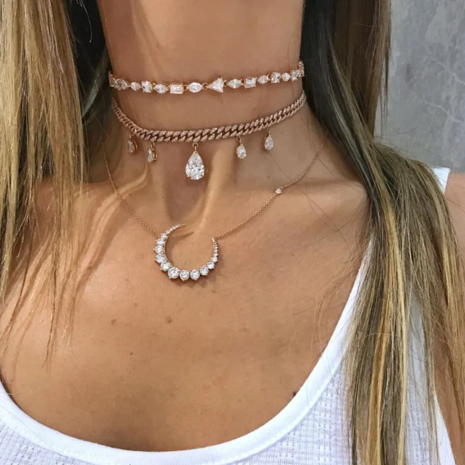 Diamond Pearl Drop Mini Link Choker, Silver